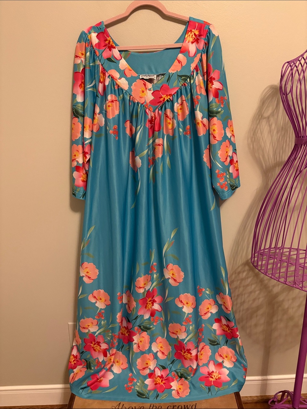Anthony Richards Turquoise Floral Loungedress/Nightgown with Pink Blooms